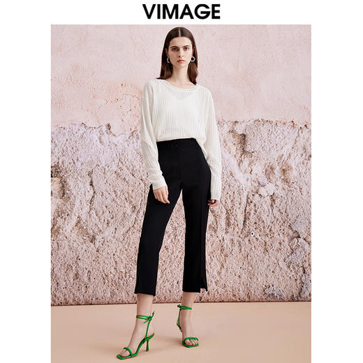 VIMAGE纬漫纪春季新款高腰纯色显瘦开叉裤子V2105732 商品图1