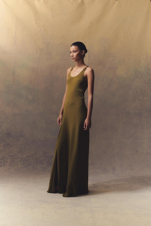 Cortana  苔绿色Georgia斜裁真丝礼服裙 商品图3