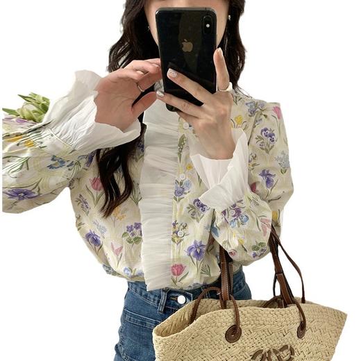 2025春季【法式浪漫 喇叭袖衬衫上衣】韩版高领拼接 荷叶边花色印花设计感衬衣女 商品图4