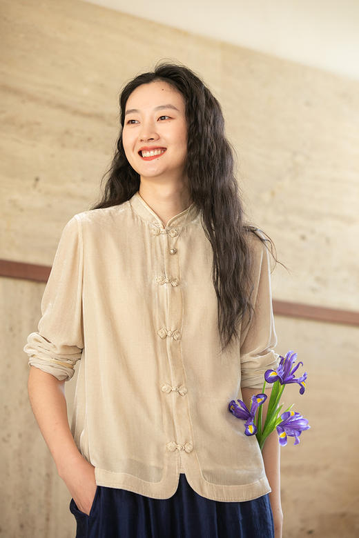 牧衣游原创 丝绒净色衬衫简约白色复古禅意百搭衬衣新款 香晓处 商品图5