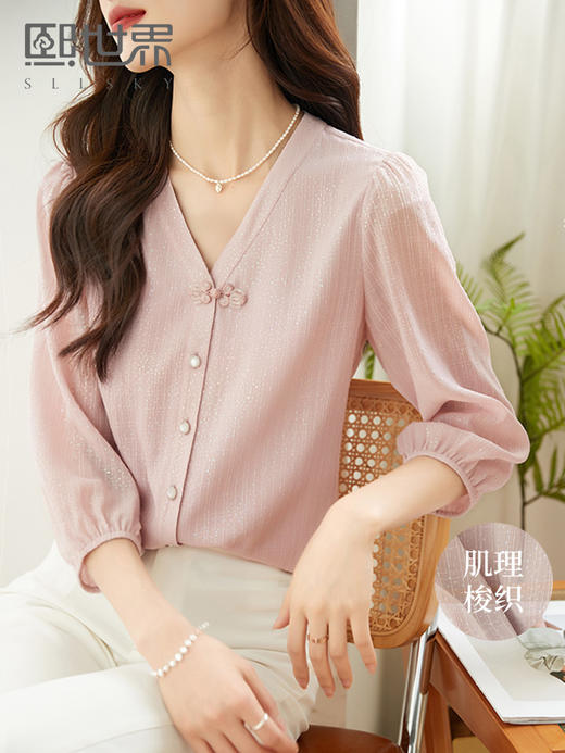 【129选3件，不退换】熙世界七分泡泡袖雪纺衫女春夏2025春秋新款气质V领小衫别致上衣 商品图0