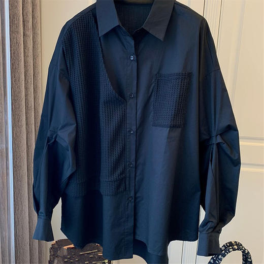 2025春秋【拼接衬衣女 假两件小众设计感】韩版宽松休闲 复古风长袖衬衫女 商品图1