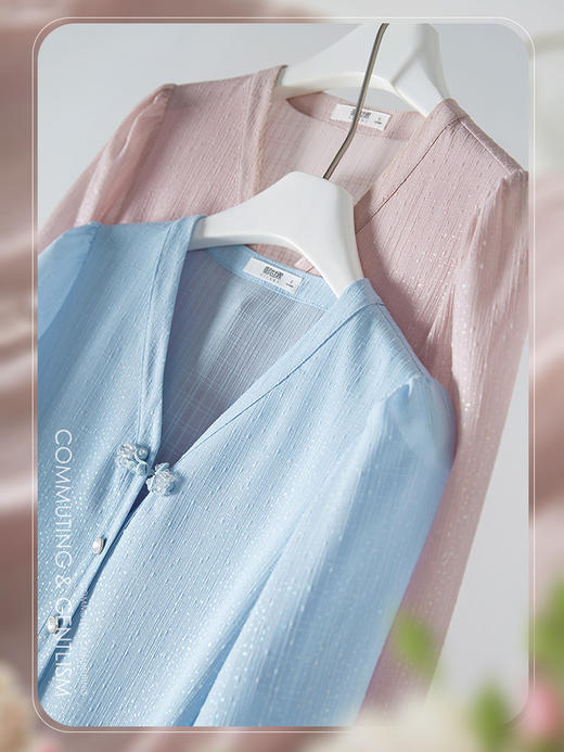 【129选3件，不退换】熙世界七分泡泡袖雪纺衫女春夏2025春秋新款气质V领小衫别致上衣 商品图4