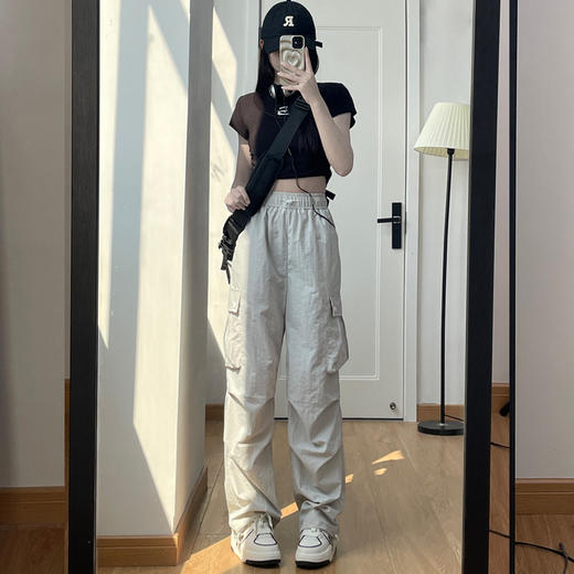 春秋款【2025年新款 粉色工装裤女】高腰阔腿裤 休闲风长款裤子 显瘦长裤 商品图2