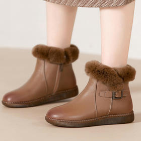 TZF-冬季新款圆头羊毛厚绒短靴子平跟真皮兔毛棉鞋