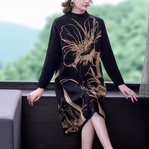 TZF-高品质宽松遮肉显瘦欧版花色针织连衣裙 商品图3