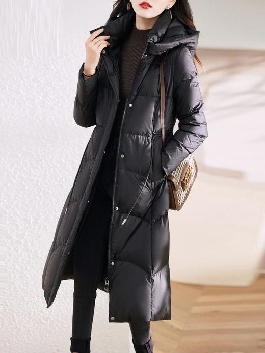 黑色羽绒服女2023年冬季新款气质时尚长款过膝加厚白鸭绒连帽外套 商品图1