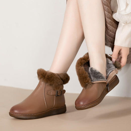 TZF-冬季新款圆头羊毛厚绒短靴子平跟真皮兔毛棉鞋 商品图3