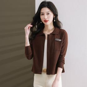 春季新款，短款针织衫外套宽松衬衫领上衣女简约双头拉链披肩CC-101-96876