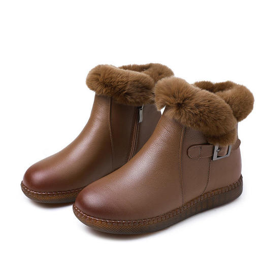 TZF-冬季新款圆头羊毛厚绒短靴子平跟真皮兔毛棉鞋 商品图4