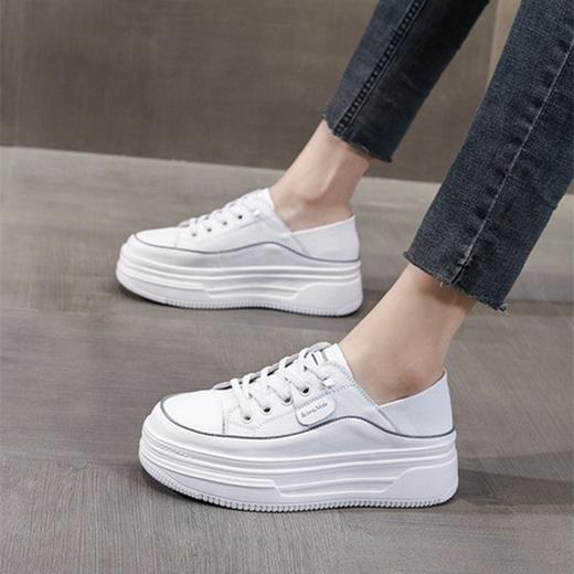 真皮踩跟两穿圆头低帮绑带厚底平跟休闲鞋 商品图0