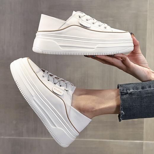 真皮踩跟两穿圆头低帮绑带厚底平跟休闲鞋 商品图1