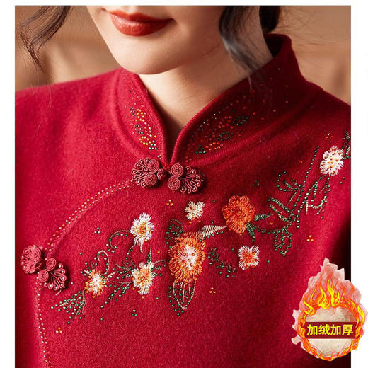 ALBB-绣花毛衣冬装旗袍领打底衫中老年女装本命年红色加绒加厚上衣 商品图8