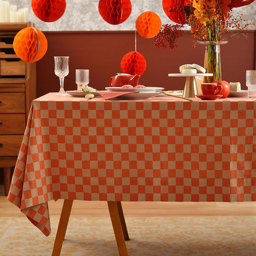 红橙棋子格红色新年方桌布轻奢高级感餐桌客厅氛围感桌布 商品图0