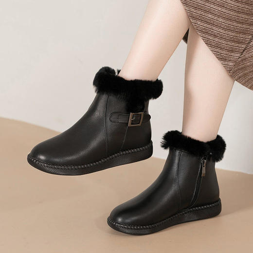 TZF-冬季新款圆头羊毛厚绒短靴子平跟真皮兔毛棉鞋 商品图1