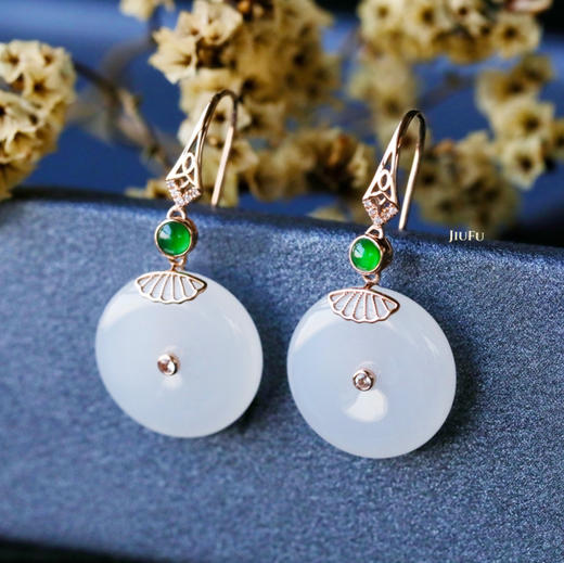 18K玫瑰金和田玉（白玉）耳饰--平安如意/平安扣16mm/总长35mm 商品图0