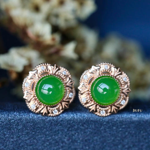 18K玫瑰金和田玉（碧玉）镶钻耳钉--锦辉/半珠直径5mm/苹果绿 商品图0
