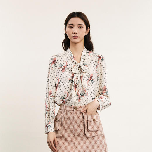 谜底花衬衫长袖女2024春季新款复古文艺系带V领亲肤衬衣241MC0050 商品图0