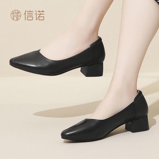 信诺舒适高跟鞋女2024新款春季尖头通勤真皮单鞋中跟妈妈婚礼皮鞋24C5322-12 商品图3
