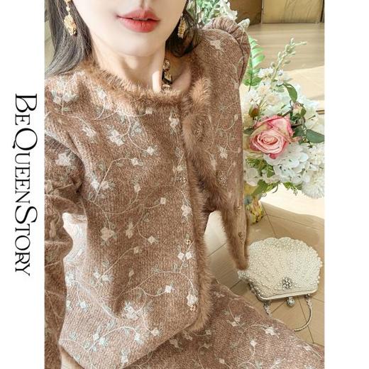 【大货捡漏，不退不换】  【楼兰月光】时尚减龄泡泡袖水貂毛拼接修身套装秋冬 商品图1