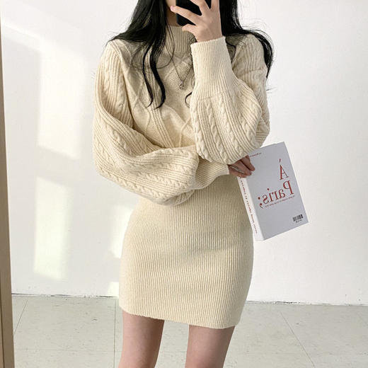 早春新款【韩系麻花立领针织 包臀连衣裙女】灯笼袖 收腰显瘦 毛衣裙 商品图2