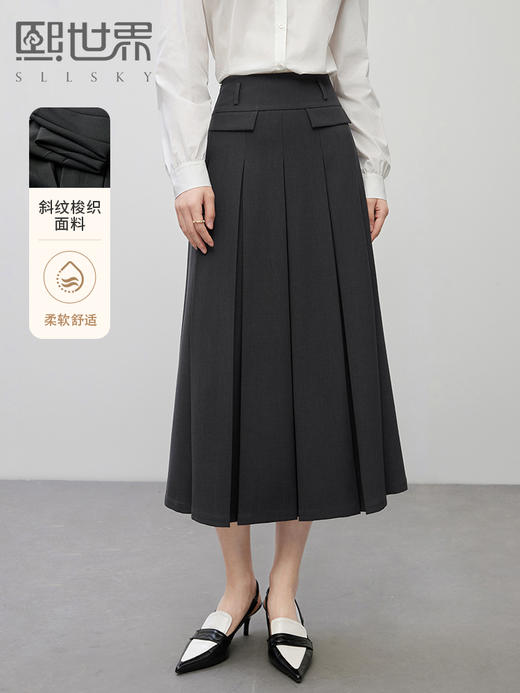 【1件75折，2件73折】熙世界复古文艺百褶半身裙2025秋季新款高腰显瘦深灰色西装长裙 商品图0