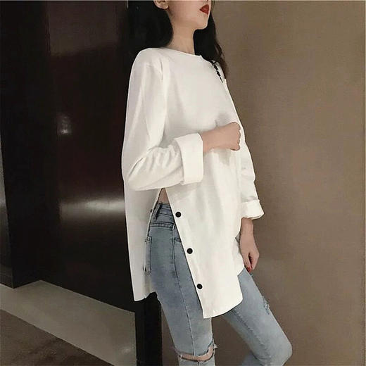 2025新款【早春韩版网红 纯色长袖t恤女】宽松开叉 春秋款女装上衣 商品图0