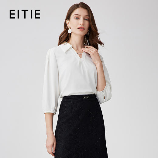 EITIE爱特爱时尚V领直筒宽松显瘦通勤白色灯笼袖衬衫上衣24春新款A2413307 商品图0