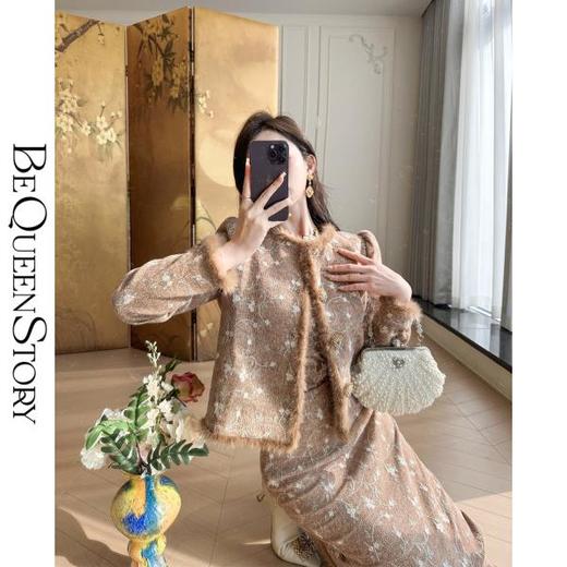 【大货捡漏，不退不换】  【楼兰月光】时尚减龄泡泡袖水貂毛拼接修身套装秋冬 商品图3