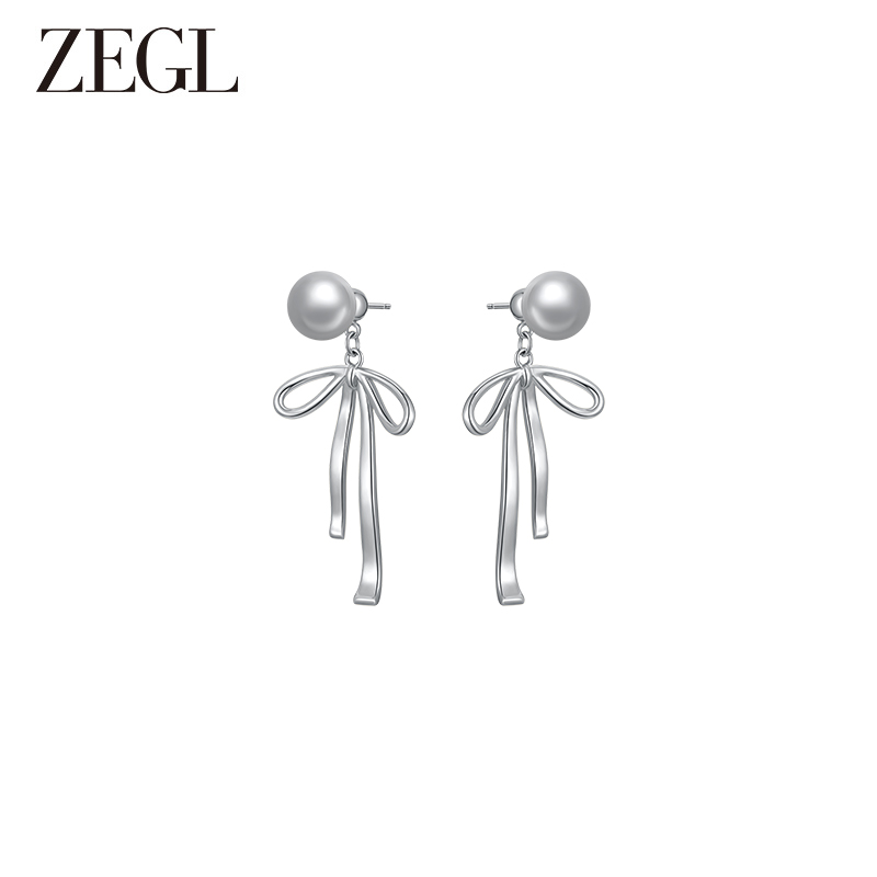 ZEGL蝴蝶结人造珍珠耳环女2024新款众独特高级感耳钉925银针耳饰