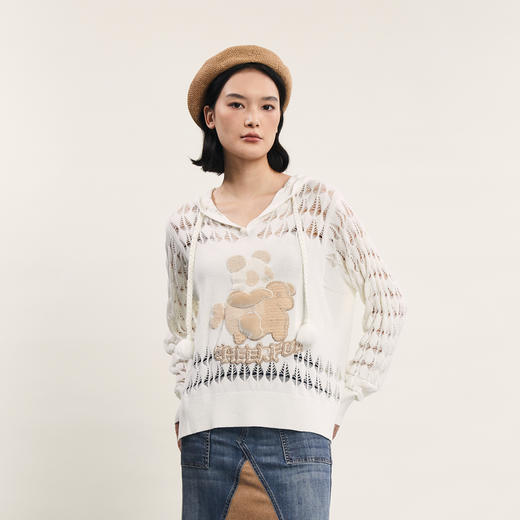 谜底套头针织衫女2024春季新款学院风连帽绣花宽松毛衫241MZ0307 商品图0