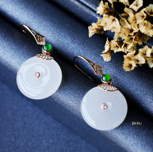 18K玫瑰金和田玉（白玉）耳饰--平安如意/平安扣16mm/总长35mm 商品图3