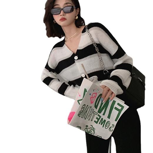 2025新款【条纹开衫女 长袖针织衫】新款韩版 毛衣短款外套女 上衣女 商品图4