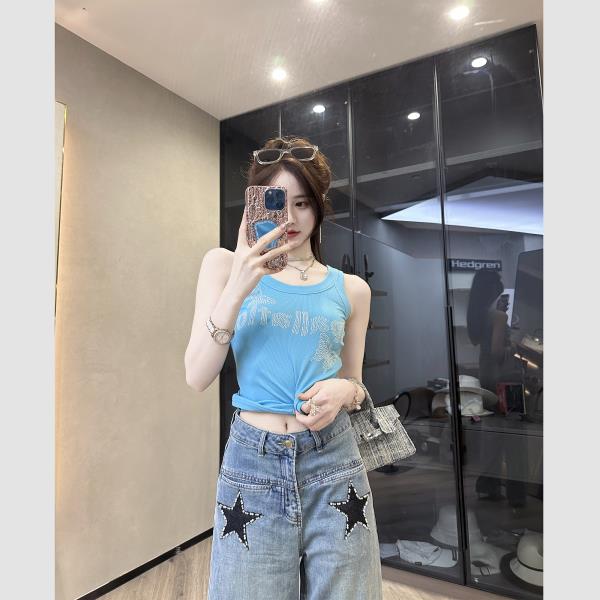 【孤品样衣，不退不换】【闪蝶少女】复古银色钻字母圆领吊带背心2024新款女