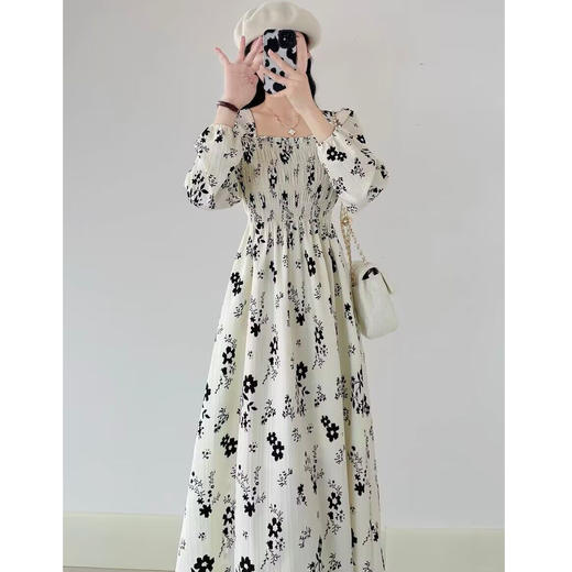 早春新款【桔梗法式 方领碎花连衣裙女】复古收腰显瘦 茶歇长袖裙子 商品图3