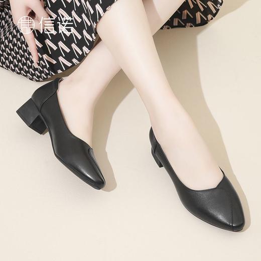 信诺舒适高跟鞋女2024新款春季尖头通勤真皮单鞋中跟妈妈婚礼皮鞋24C5322-12 商品图2