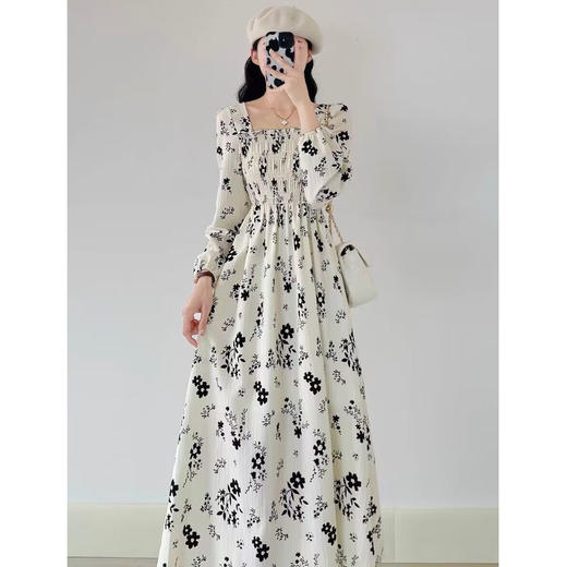 早春新款【桔梗法式 方领碎花连衣裙女】复古收腰显瘦 茶歇长袖裙子 商品图4