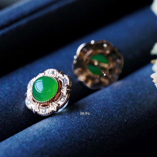 18K玫瑰金和田玉（碧玉）镶钻耳钉--锦辉/半珠直径5mm/苹果绿 商品图2