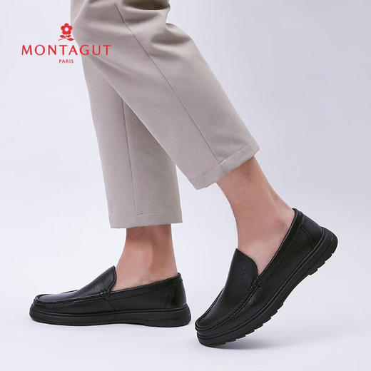 梦特娇新款商务休闲皮鞋方头一脚蹬套脚牛皮鞋中年爸爸鞋 商品图0