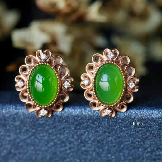 18K玫瑰金和田玉（碧玉）镶钻耳钉--芳菲 /苹果绿 商品图7