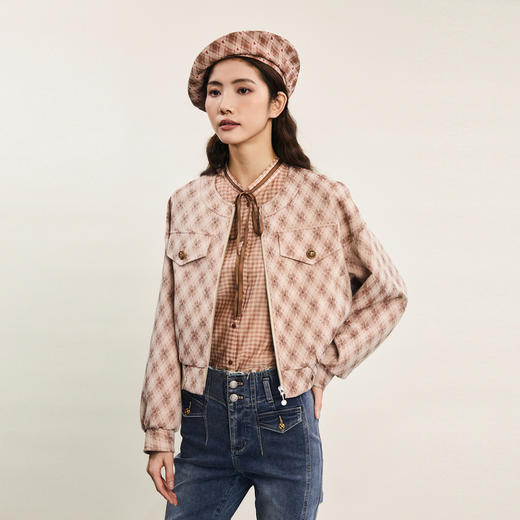 谜底短款外套女2024春新款时尚气质提花圆领宽松夹克衫241MW0121 商品图1