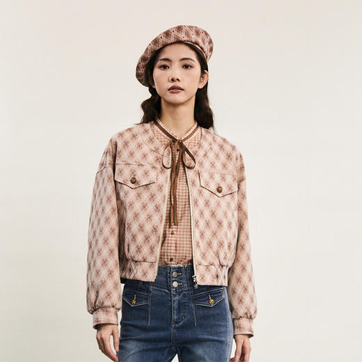 谜底短款外套女2024春新款时尚气质提花圆领宽松夹克衫241MW0121 商品图0