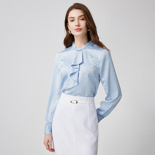 EITIE爱特爱气质通勤立领飘带直筒显瘦蓝色新中式衬衫上衣24新款A2413303 商品图1
