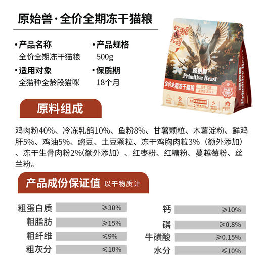 原始兽乳鸽红枣冻干猫粮500g全价主粮 红枣补气配方 添加200亿益生菌 不吃包退 商品图1