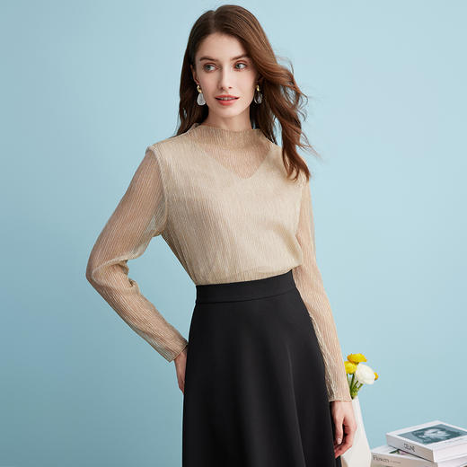 EITIE爱特爱气质立领网纱直筒显瘦金丝打底衫上衣春新款A2413311 商品图3