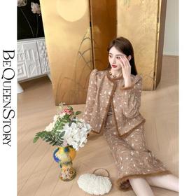 【大货捡漏，不退不换】  【楼兰月光】时尚减龄泡泡袖水貂毛拼接修身套装秋冬