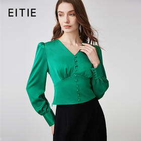 EITIE爱特爱复古宫廷风V领腰封设计绿色短款衬衫上衣24春季新款A2413309