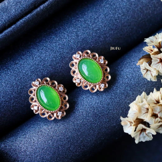 18K玫瑰金和田玉（碧玉）镶钻耳钉--芳菲 /苹果绿 商品图8