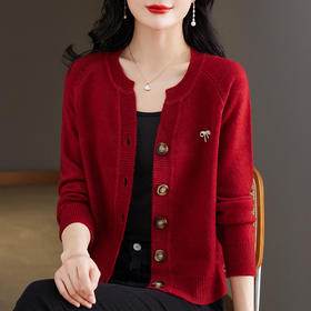 春秋新款，针织开衫女短款圆领红色百搭毛衣外套长袖外搭上衣CC-103-72312