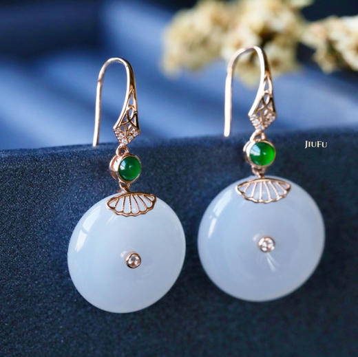 18K玫瑰金和田玉（白玉）耳饰--平安如意/平安扣16mm/总长35mm 商品图1